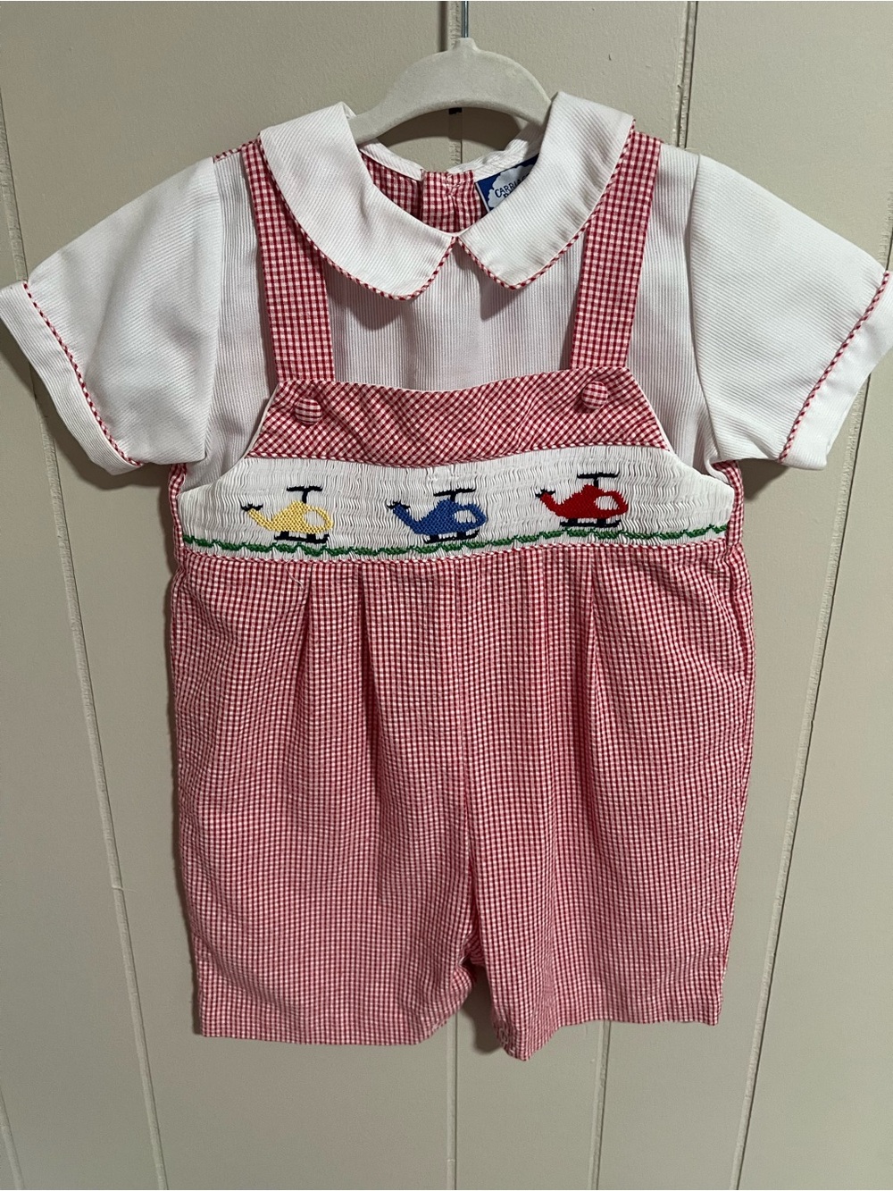 Carriage Boutique Red Gingham Smocked Helicopter Romper with White Shirt